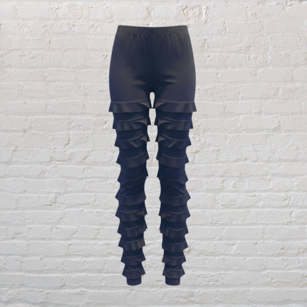 LEGGINGS -- Black, with Distressed/ Tattered Straps, Elastic Waist
